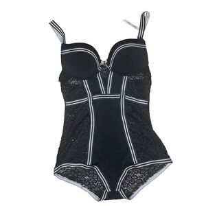 Daisy Fuentes Women's Bodysuit Large Black White Teddy Lace Underwire Padded NEW